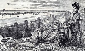 Tegneserie, der viser et par, der nyder deres bryllupsrejse på en stenstrand af George du Maurier