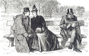 Tegneserie, der skildrer et par, der udveksler kærlighed på bænken i parken, mens manden ved siden af dem ser på med misbilligelse af George du Maurier