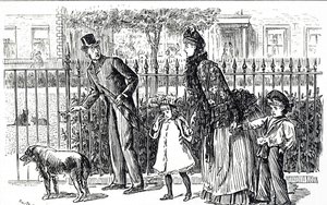 Tegneserie, der forestiller en familie, der går på gaderne i det victorianske London af George du Maurier