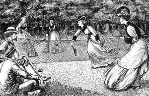 Tegnefilm, der viser et spil tennis på græsplænen af George du Maurier