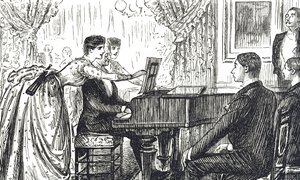 Tegnefilm, der skildrer en musikalsk aften derhjemme af George du Maurier