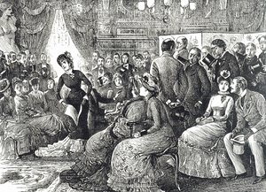Tegneserie, der viser en typisk koncert i dagligstuen af George du Maurier