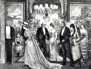 Tegneserie, der skildrer en elegant soirée i et victoriansk hjem af George du Maurier