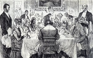 Tegneserie, der skildrer en elegant soirée i et victoriansk hjem af George du Maurier