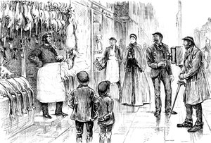 Gravering, der forestiller en slagter og poulterer, der fotograferes foran sin juleudstilling af George du Maurier. George du Maurier (1834-1896), en fransk-britisk tegneserieskaber og forfatter. Dateret 1800-tallet ©UIG/Leemage af George du Maurier