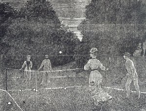 Gravering, der viser brugen af hvid fosformaling, der anbefales til tennisspillere af George du Maurier