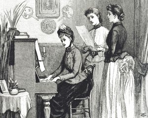 Gravering, der forestiller unge damer, der synger i tegnestuen af George du Maurier