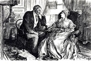 Georges du Maurier tegneserie, der illustrerer en mand og kvinde i samtale om de beroligende fordele ved tran. England 1869 af George du Maurier