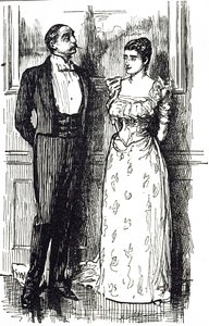 Georges du Maurier tegneserie, der illustrerer en mand og kvinde i samtale ved en samfundsbegivenhed, England 1891 af George du Maurier