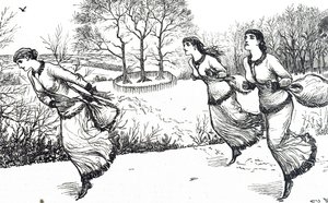 Illustration, der viser piger, der sætter sporet efter haren og hundene af George du Maurier