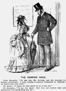 Det kommende løb. Fremtidens kirurg. George du Maurier tegneserie fra Punch London 14. september 1872, der viser den nedladende holdning kvinder i lægestanden kunne forvente af mandlige kolleger. Gravering. af George du Maurier
