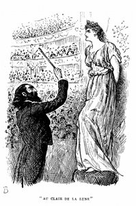 Trilby den tonedøve? som ikke kunne kende et C fra et F, der gav koncert under Svengalis hypnotiske indflydelse. Illustration af George Du Maurier til hans roman Trilby, London af George du Maurier