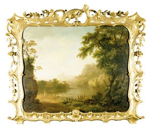 Et italiensk skovklædt flodlandskab med figurer i forgrunden og en landsby bagved, 1755