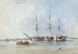 Blackwall-fregatten Seringapatam for anker ud for Tilbury Fort af George the Elder Chambers