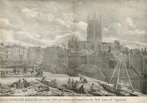 Old London Bridge taget i juli 1830, før den blev fjernet for den nye indflyvningslinje