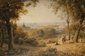 En udsigt over Versailles med elegante figurer i forgrunden ved solnedgang,