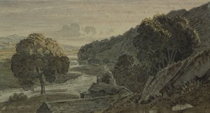 Aften, landskab, med sommerhus og flod