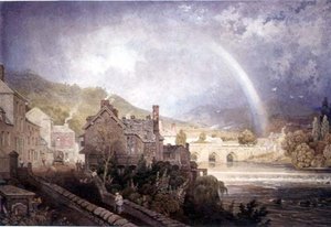 Landsbyen og broen i Llangollen, Nordwales, med regnbueeffekt