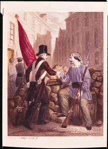 En arbejder, der deler sit brød med en elev, der bærer et rødt flag, fra 