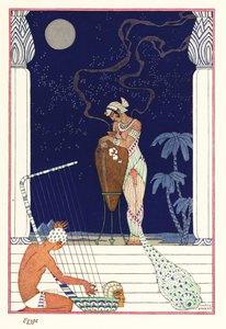 En dronning står og lugter brændt duft, oldtidens Egypten1928 (tryk) af Georges Barbier