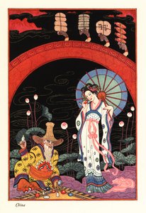 En ung kvinde med lakparasol, der lugter en parfumeflaske af Georges Barbier