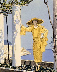 Amalfi, illustration af en kvinde i en gul kjole af Worth af Georges Barbier