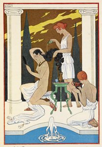 Det gamle Rom. En person, der får sit hår vasket af tjenere. af Georges Barbier
