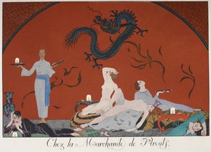 Chez la Marchande de Pasots. Folk, nogle nøgne, liggende i et rum. kinesisk dekoration. af Georges Barbier