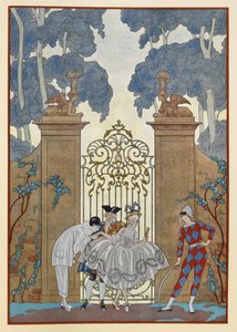 Colombine. Folk, der står uden for en port. En Pjerrot. af Georges Barbier