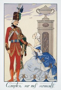 Stol på mine eder (jeg vil være dig tro), ungarsk husar, litografi af George Barbier (1882-1932), fra Falbalas et Fanfreluches, Almanach des Modes Presentes, Passees et Futures af Georges Barbier