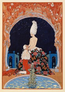 Dans la Grotte. En mand, der knæler foran en halvnøgen kvinde, ved et springvand. af Georges Barbier
