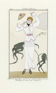 Design til hvid kjole med lyserøde trim og hæklet bælte, fra Costumes Parisien, pub.1912 (pochoir print) af Georges Barbier