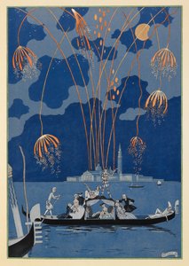 En bateau. Fyrværkeri i Venedig. Folk i en gondol. af Georges Barbier