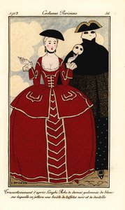 Fancy dress kostumer fra Longhi. Kvinde i damaskkjole trimmet med hvid, kappe af sort taft og blonder. Travesties efter Longhi: damaskkjole trimmet med hvidt, hvorpå vi vil smide en baiite af sort taft og blonder. Håndfarvet lomme af Georges Barbier