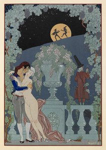 Fantoches. (Marionetter) fra Debussys Fêtes Galantes, Scaramouche og Pulcinelle. Mand omfavner en nøgen kvinde. To figurer i silhuet mod månen. af Georges Barbier