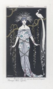 Stor aftenkjole i sølvbrokade. Blå paryk, våbenskjolde, fra Costumes Parisiens, pub.1914 (stenciltryk) af Georges Barbier