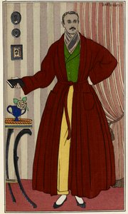 Mand i morgenkåbe. Illustration af George Barbier (1882-1932), hentet fra Journal des dames et des modes. Paris 1912-1914. The British Library Institution, Reference Shelfmark ID: P.P.5242.dc, pl.96, modsat side 16. Mand iført et omklædningsrum af Georges Barbier