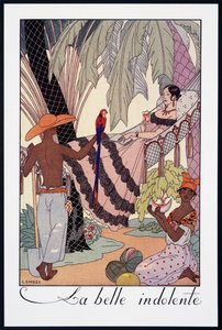 La Belle Indolente, litografi af George Barbier (1882-1932), fra Falbalas et Fanfreluches, Almanach des Modes Presentes, Passees et Futures, Frankrig, 20. århundrede af Georges Barbier