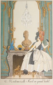 Mademoiselle Sorel i stor vane. En kvinde, der står foran en pejs. af Georges Barbier