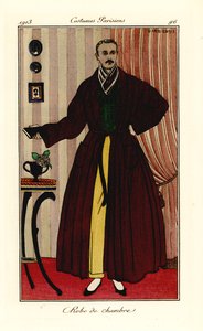 Mand i morgenkåbe over gule bukser og grøn vest. Morgenkåbe. Håndfarvet pochoir (stencil) radering efter en illustration af George Barbier fra Tommaso Antonginis Journal des Dames et des Modes, Aux Bureaux du Journal des Dames, Paris af Georges Barbier