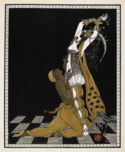 Nijinsky som den gyldne slave i Sheherazade, en symfonisk suite komponeret af Nikolai Rimsky-Korsakov i 1888. Han knæler foran Sheherazade, begge klædt i arabisk stildragt. af Georges Barbier