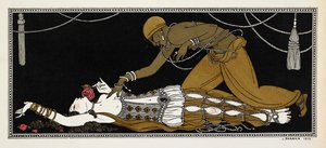 Nijinsky som den gyldne slave i Sheherazade, en symfonisk suite komponeret af Nikolai Rimsky-Korsakov i 1888. Sheherazade er her på sit dødsleje, den gyldne slave lænet over hende af Georges Barbier