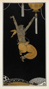 Nijinsky som den gyldne slave i Sheherazade, en symfonisk suite komponeret af Nikolai Rimsky-Korsakov i 1888. Nijinsky er i luften, midt i springet. af Georges Barbier