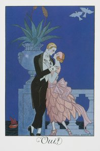 Ja, to unge forlovede i aftenkjole, litografi af George Barbier (1882-1932), fra Falbalas et Fanfreluches, Almanach des Modes Presentes, Passees et Futures