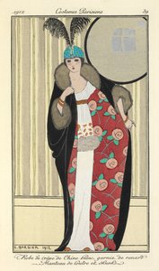 "Hvid crepe de chine kjole trimmet med ræv. Otter frakke og stinkdyr," af Georges Barbier