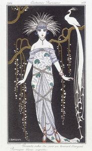 Sølvbrokade aftenkjole og paryk - Illustration af George Barbier (1882-1932). i "" Journal des dames et des modes: Costumes Parisiens"" af Georges Barbier