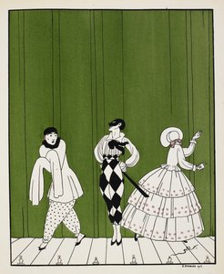 Tre karakterer fra 1910-balletten, Carnaval, komponeret af Robert Schumann. Til venstre ses en mimekunstner. I midten står en mand, klædt i en hvid skjorte med sort slips og ternede bukser, iført maske. Til højre er en dame, der vender bagud af Georges Barbier