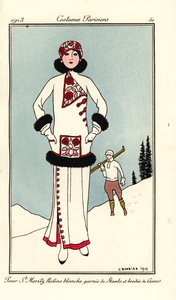 Kvinde i outfit til St. Moritz i hvid frise med skunkkant og uldbroderi. Hæld St. Maritz ratine blanche garnie de skunks et brodee de laine. Håndfarvet pochoir (stencil) radering efter en illustration af George Barbier fra Tommaso Antongini