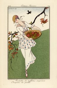 Kvinde i stråhat og kjole af printet taft. af Georges Barbier
