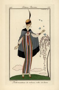 Kvinde i stribet hørkjole med kort fløjlsfrakke. af Georges Barbier